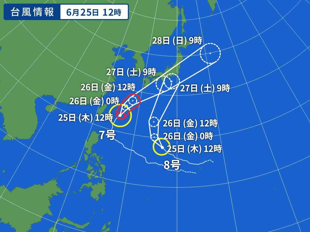 新たな台風が発生してダブル台風が日本接近の恐れ　台風7号は28日頃九州や四国へ