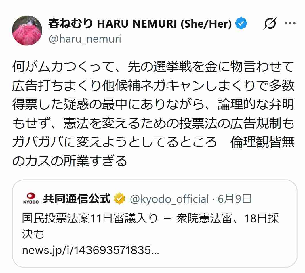 31歳女性シンガー「倫理観皆無のカスの所業すぎる」憲法改正の国民投票法改正案めぐり怒り