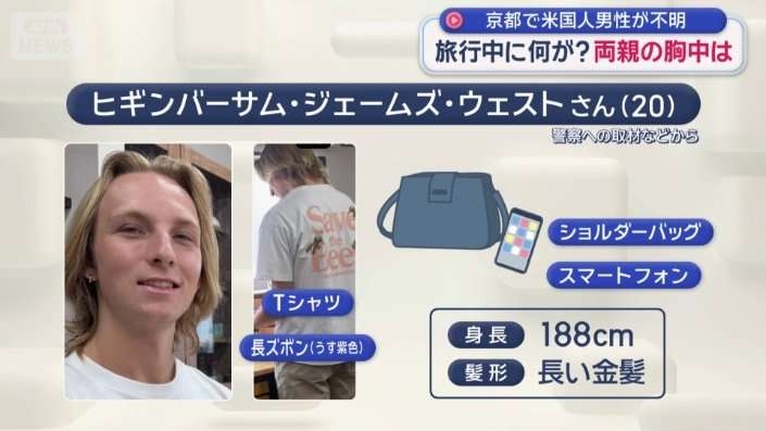 京都で米国人男性（20）行方不明　両親語る胸中