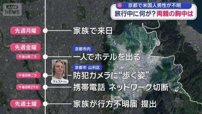 京都で米国人男性（20）行方不明　両親語る胸中