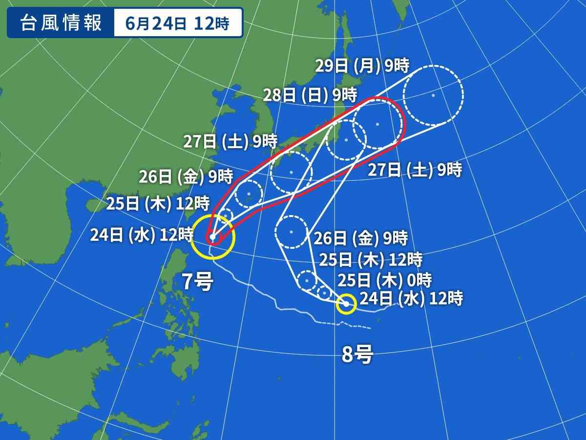 新たな台風が発生してダブル台風が日本接近の恐れ　台風7号は28日頃九州や四国へ