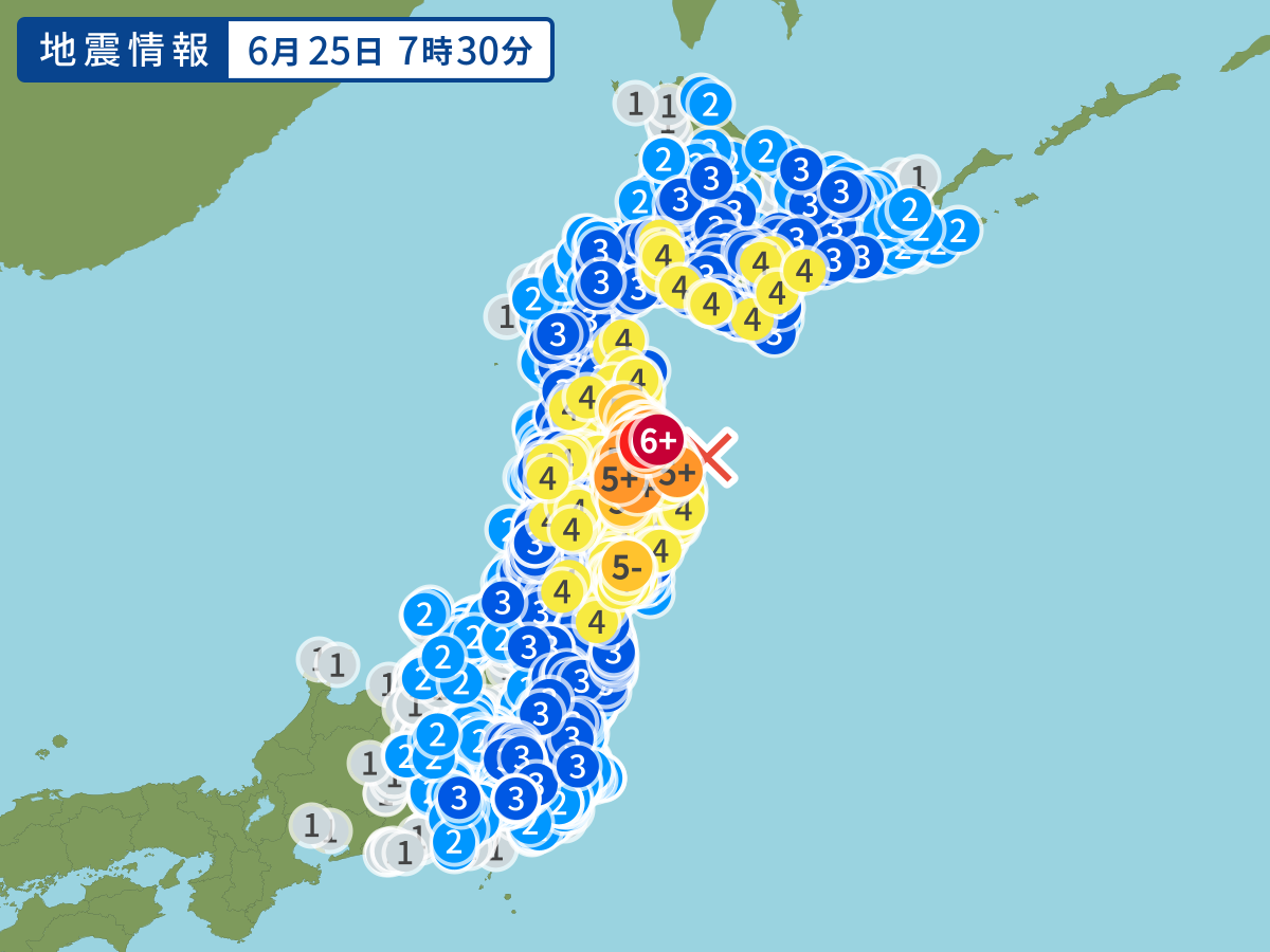 地震情報（2026年6月25日）最大震度6強｜震源地：岩手県沖 - Yahoo!天気・災害