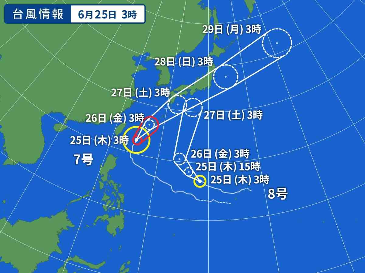 新たな台風が発生してダブル台風が日本接近の恐れ　台風7号は28日頃九州や四国へ