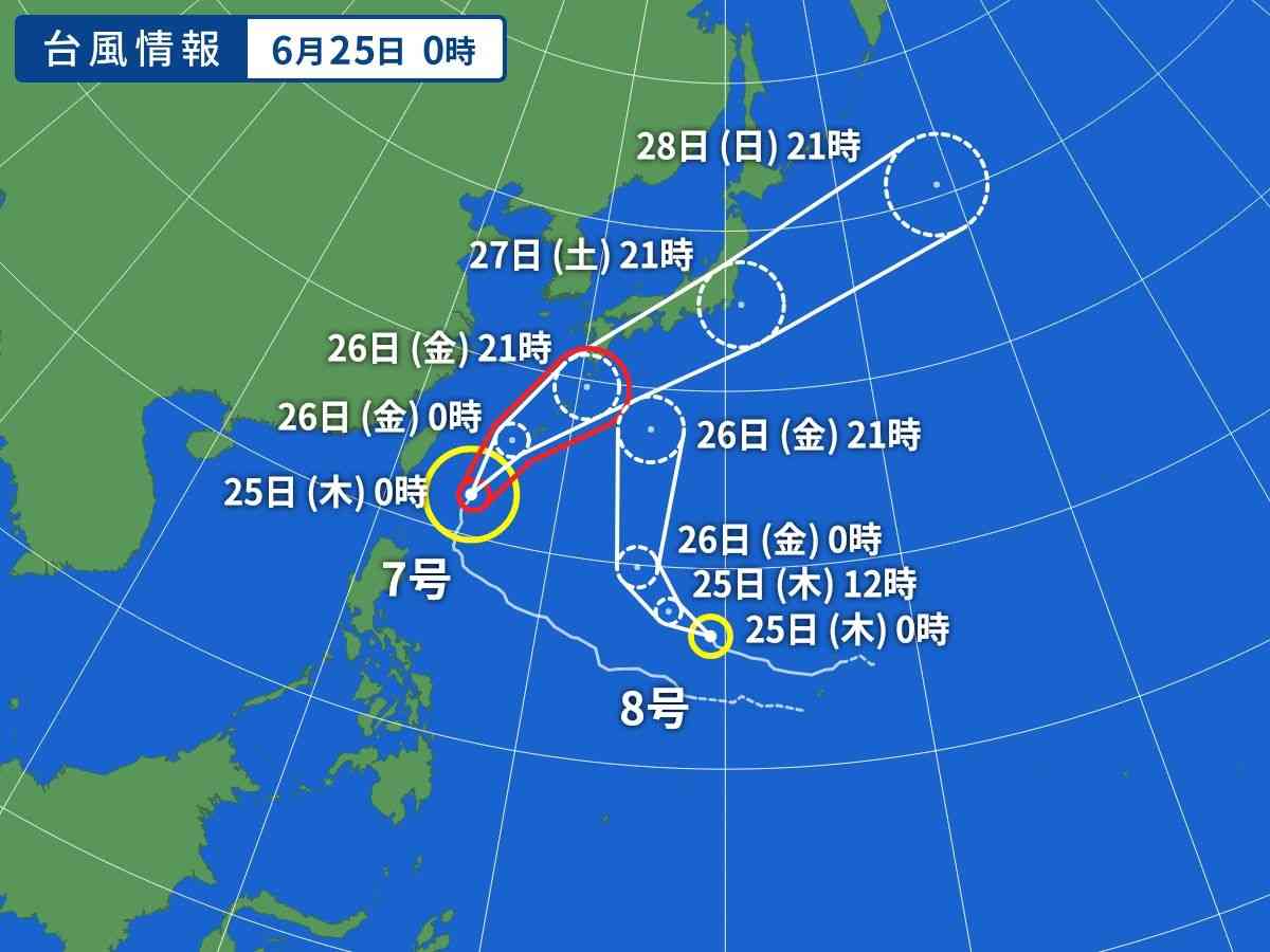 新たな台風が発生してダブル台風が日本接近の恐れ　台風7号は28日頃九州や四国へ