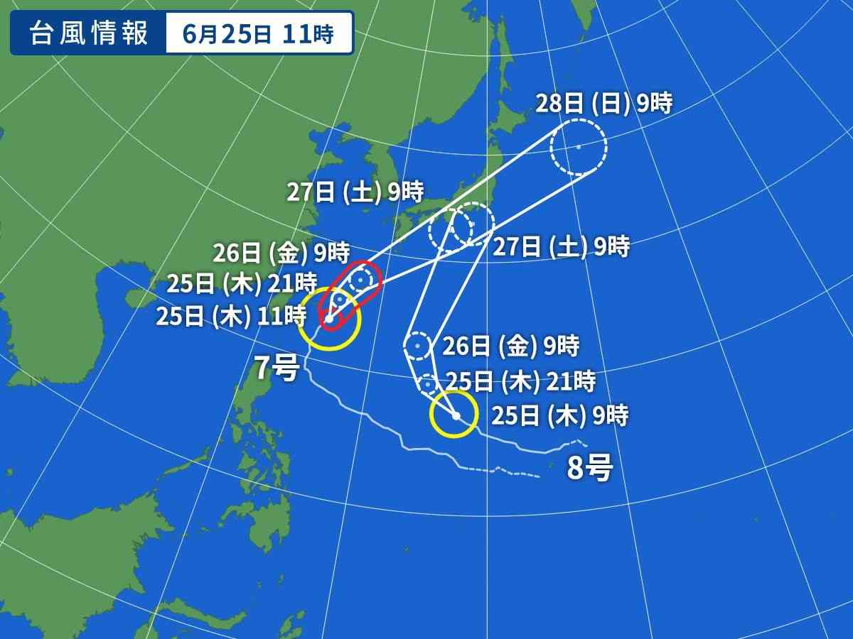 新たな台風が発生してダブル台風が日本接近の恐れ　台風7号は28日頃九州や四国へ