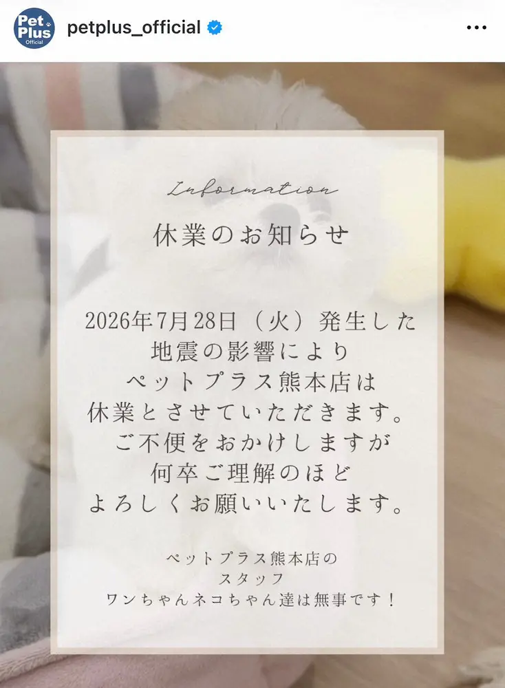 【記事全文】イオンモール熊本のペット店、犬・猫の全頭無事を報告「スタッフとともに速やかに避難」　 - スポニチ Sponichi Annex 芸能