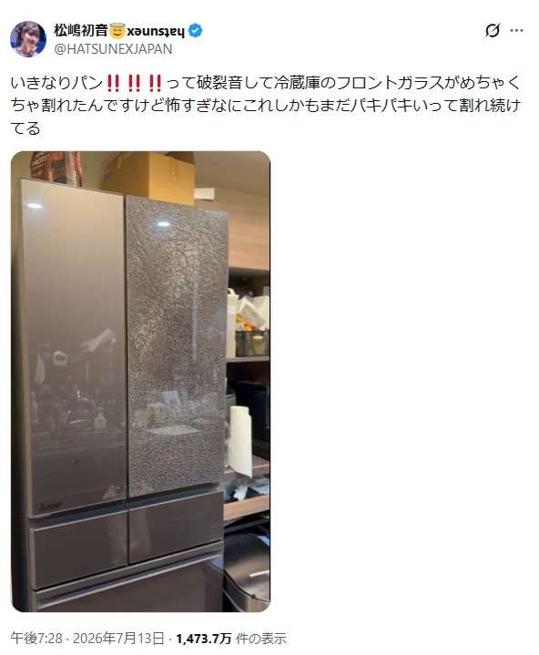 松嶋初音さんの冷蔵庫ガラス扉が突然粉々に割れる動画が話題
