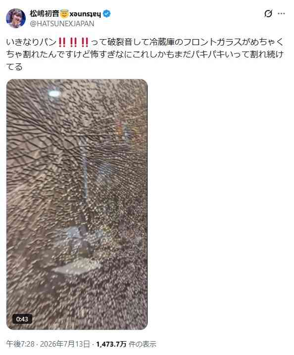 松嶋初音さんの冷蔵庫ガラス扉が突然粉々に割れる動画が話題