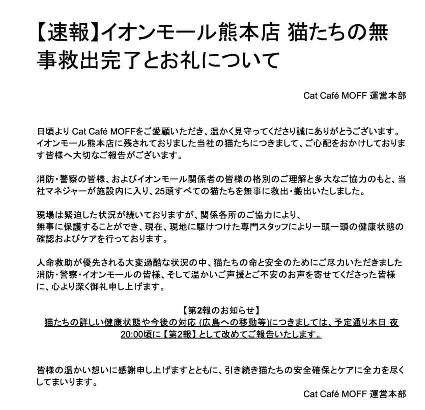 【令和8年熊本地震】イオンモール熊本の猫カフェ「MOFF」、25頭すべて救出・搬出「無事に保護できました」  | オリコンニュース（ORICON NEWS）