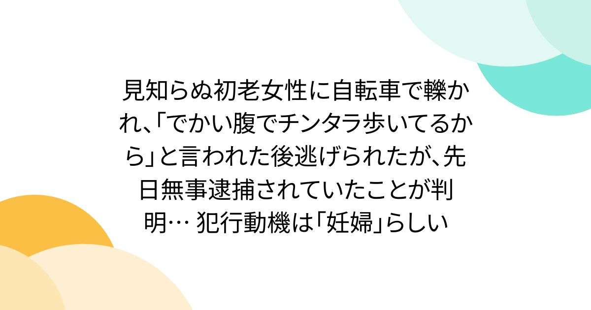 見知らぬ初老女性に自転車で轢かれ、「でかい腹でチンタラ歩いてるから」と言われた後逃げられたが、先日無事逮捕されていたことが判明… 犯行動機は「妊婦」らしい - Togetter
