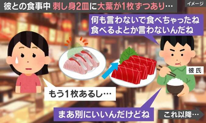 楽しいはずの食事中、大葉を食べたら彼からまさかの一言→ネットでさまざまな声「面倒くさい男」「モラハラのしっぽ出てるね」