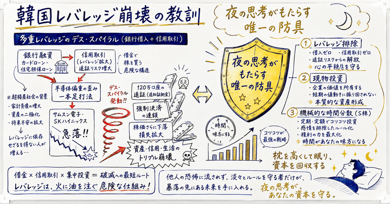 特別コラム：韓国レバレッジバブルの崩壊と追証地獄の真実。超格差社会が招いた「多重債務の投機熱」を冷徹に見つめ、現物と時間分散で資本を回収する「夜の思考」｜クロイヌ｜時産（じさん）のプロデューサー