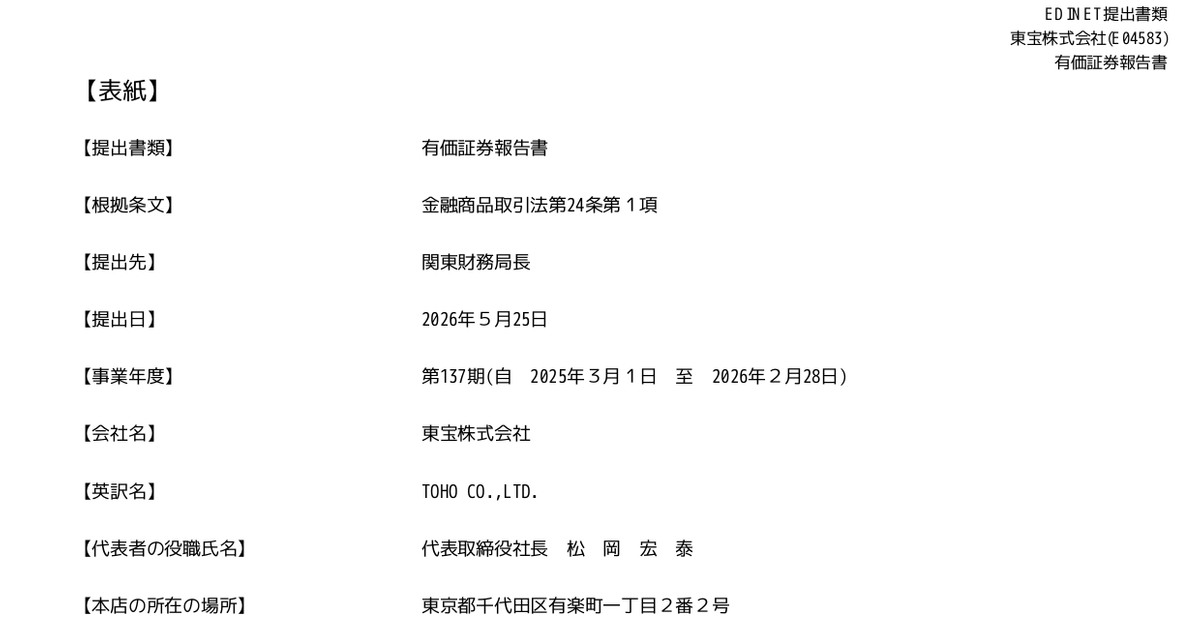 東宝[9602]：有価証券報告書－第137期(2025/03/01－2026/02/28) (有価証券報告書) ：日経会社情報DIGITAL：日本経済新聞