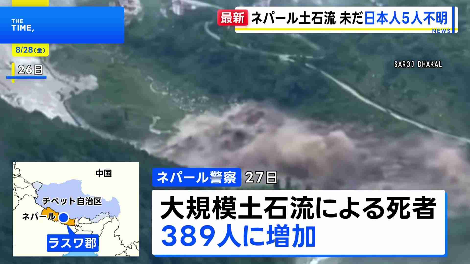 ネパールと中国の国境地帯で大規模土石流 389人死亡・800人以上が行方不明　日本人5人の安否不明 幼い子ども含む家族か（TBS NEWS DIG Powered by JNN） - Yahoo!ニュース