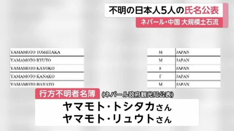 ネパールで行方不明の日本人はヤマモトトシタカさんカヨコさんら子ども3人含む一家か　現地当局が名簿発表　大規模土石流被害で