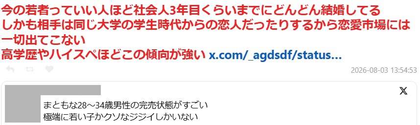 「マジでこれわかる」今の若者はいい人ほど社会人3年目くらいで大学の恋人とかと結婚し、恋愛市場には一切出てこないのでは？という意見に納得の声が