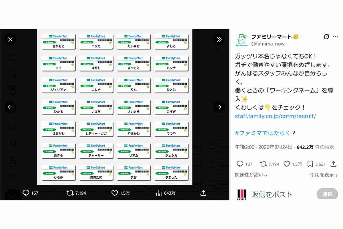 【ファミマ】「本名じゃなくてもOK！」投稿に1.6万いいね　「ありがたい」「全部こうなって」【名札】