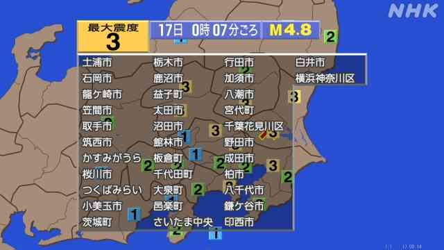 地震　千葉、神奈川、埼玉、群馬、茨城など関東の広範囲で震度3