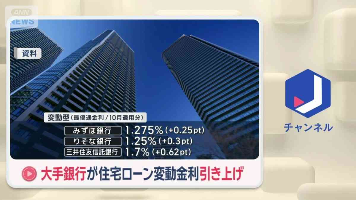 大手3行　10月から変動金利を引き上げへ　固定金利は大手5行すべてで引き上げ